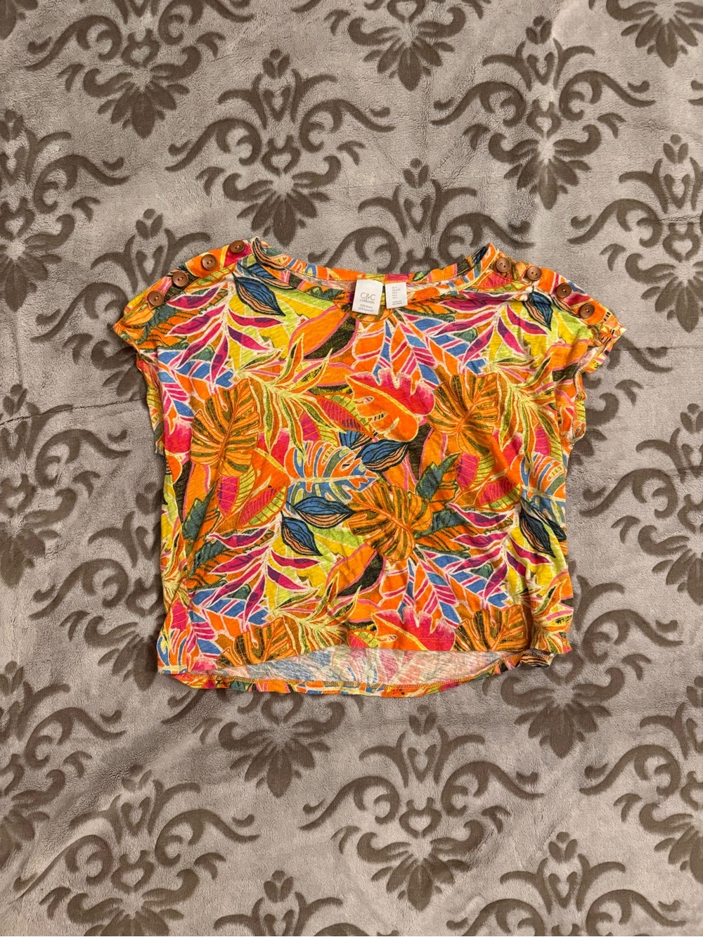 C&C California Tropical Leaf Print Crop Top in Orange, Pink and Blue